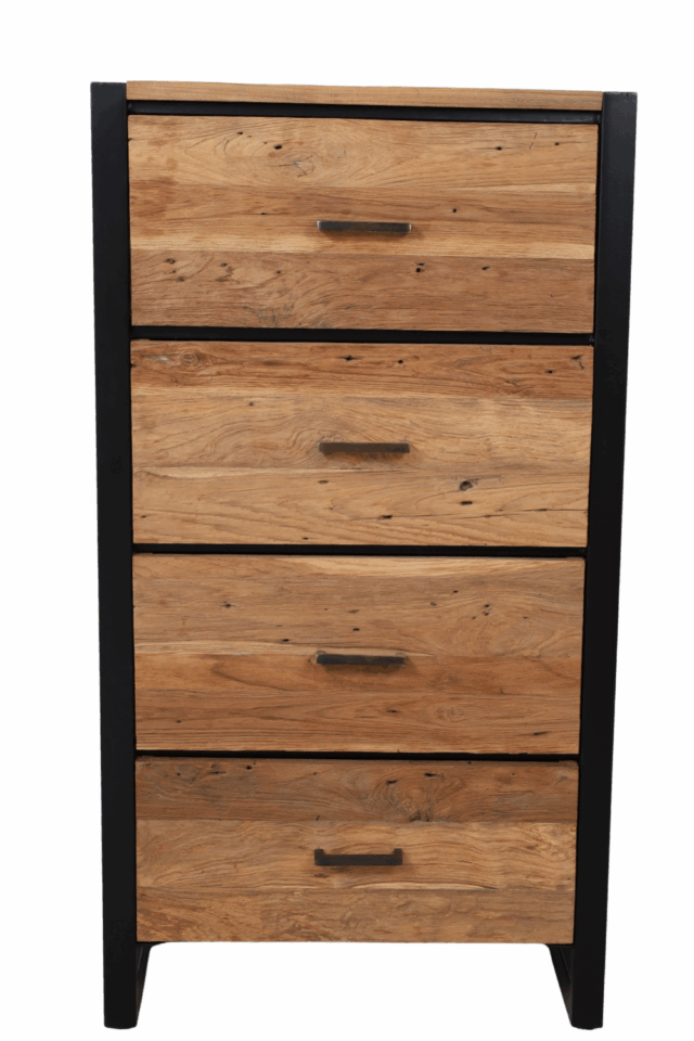 Ladekast teak hout met metaal erosie 60x40x111 cm
