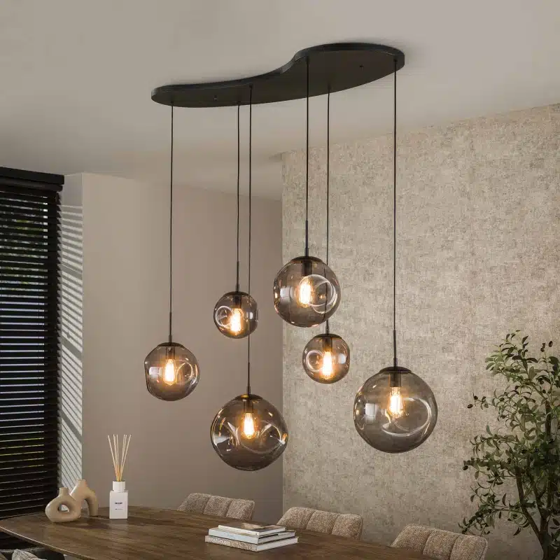 Organische Hanglamp met zwart glas 6 bollen Stellar Black 6 lichts Antic zwart 135x60x150 cm