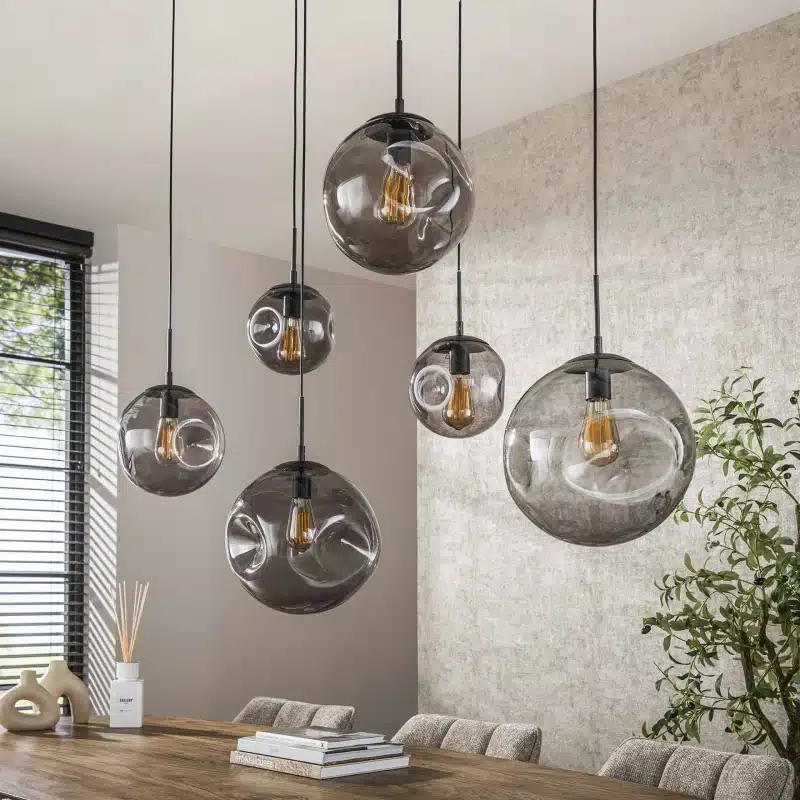 Organische Hanglamp met zwart glas 6 bollen Stellar Black 6 lichts Antic zwart 135x60x150 cm