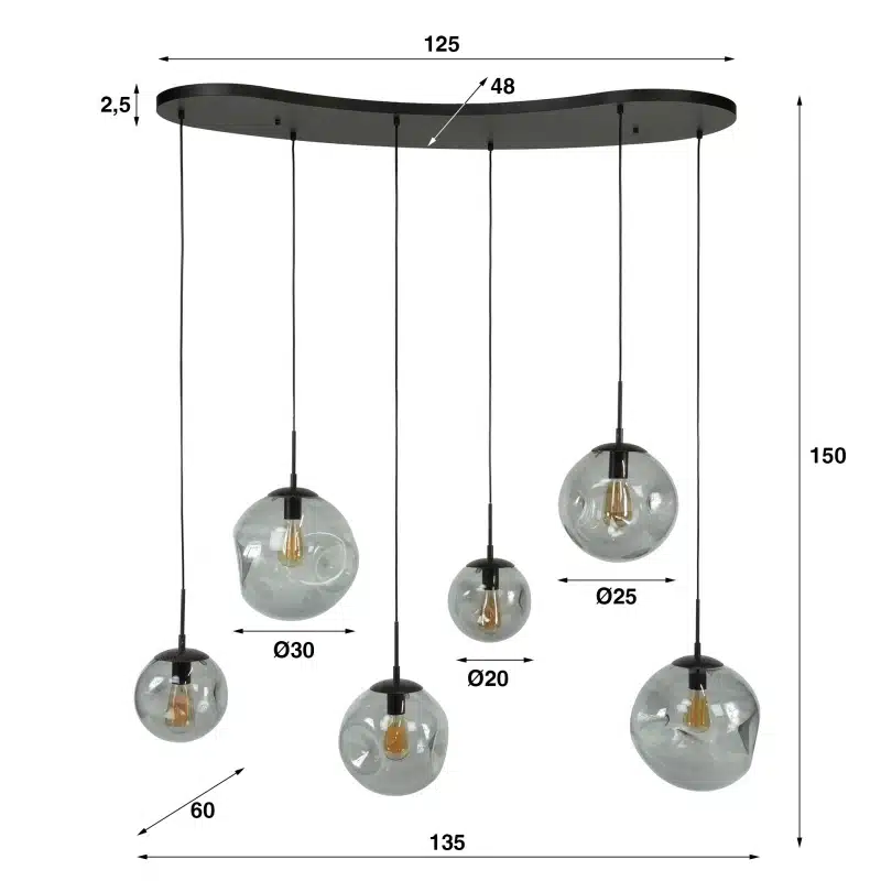 Organische Hanglamp met zwart glas 6 bollen Stellar Black 6 lichts Antic zwart 135x60x150 cm