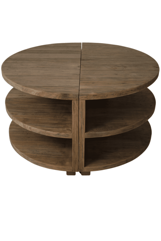 Ronde teak houten salontafel met plankjes uitschuifbare salontafel uit 2 delen. Leuk om tegen de zijkant van de bank te zetten 90x90x45 cm