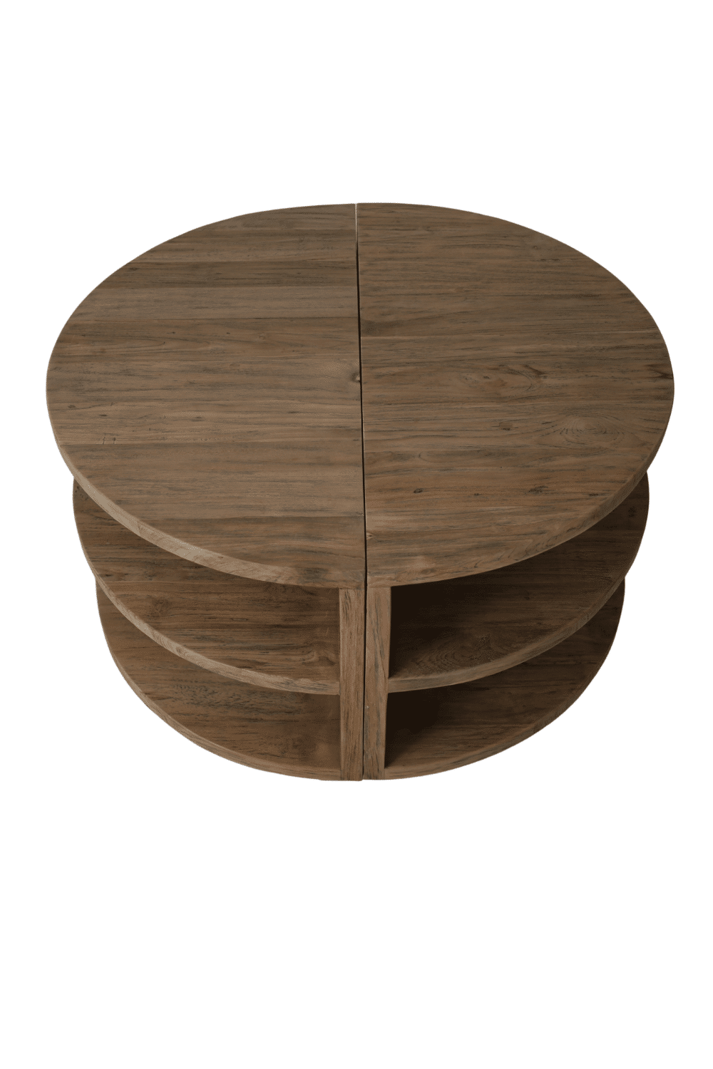 Ronde teak houten salontafel met plankjes uitschuifbare salontafel uit 2 delen. Leuk om tegen de zijkant van de bank te zetten 90x90x45 cm