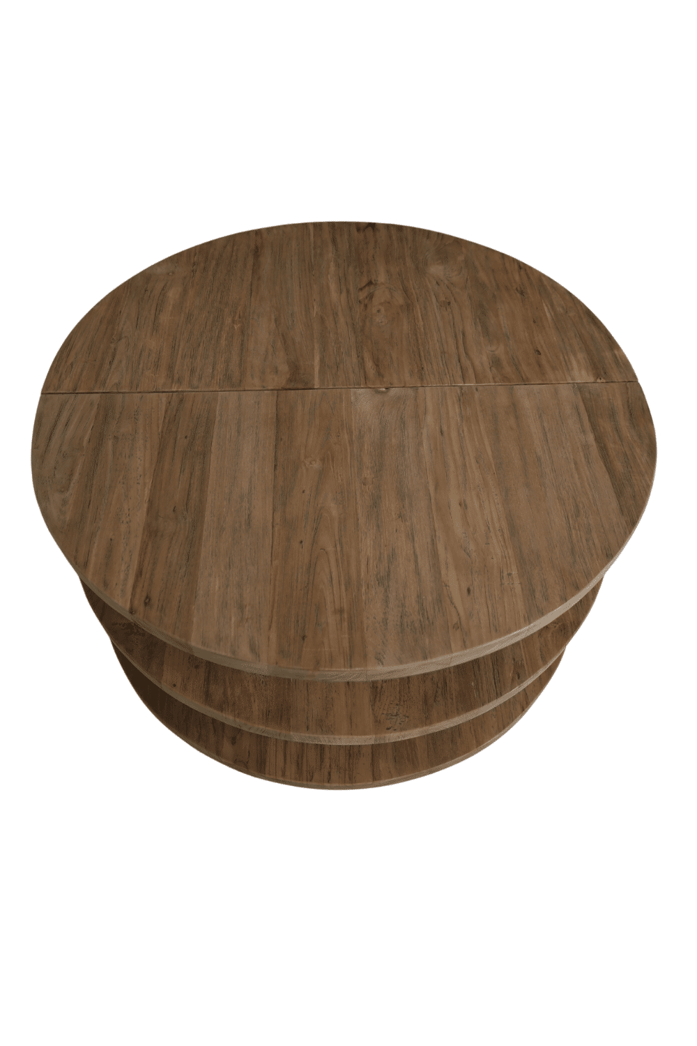 Ronde teak houten salontafel met plankjes uitschuifbare salontafel uit 2 delen. Leuk om tegen de zijkant van de bank te zetten 90x90x45 cm