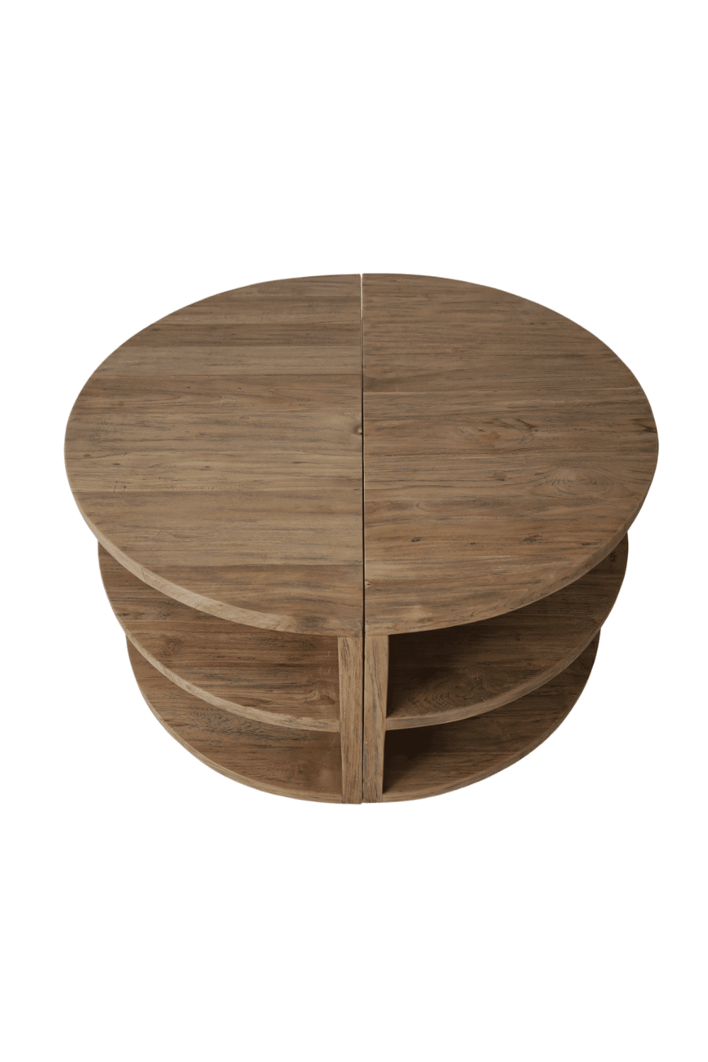 Ronde teak houten salontafel met plankjes uitschuifbare salontafel uit 2 delen. Leuk om tegen de zijkant van de bank te zetten 90x90x45 cm