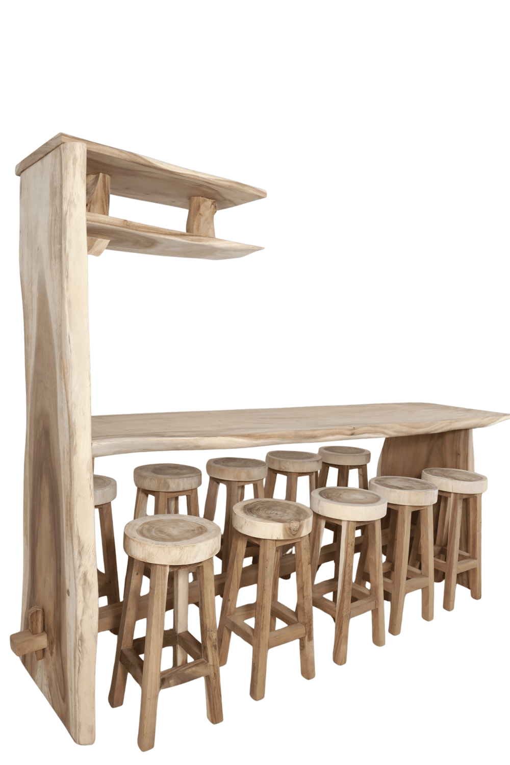 Suar houten bar bartafel voor 10 personen met krukken voor binnen en buiten 300x95x210 cm