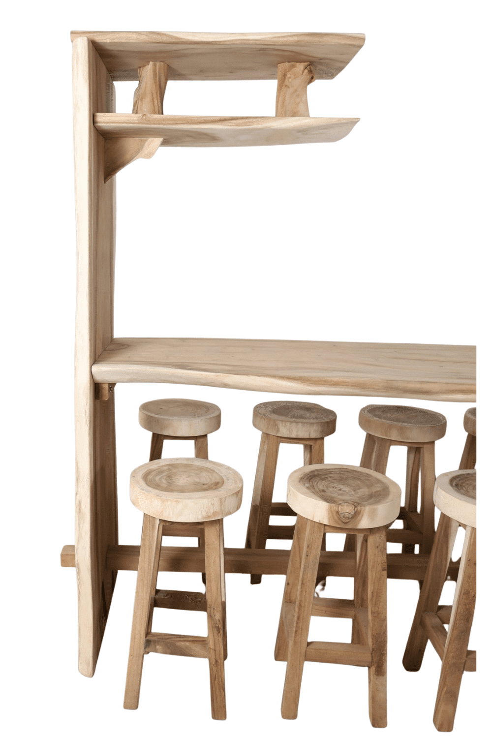 Suar houten bar bartafel voor 10 personen met krukken voor binnen en buiten 300x95x210 cm