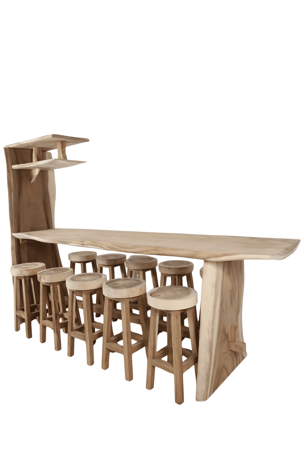 Suar houten bar bartafel voor 10 personen met krukken voor binnen en buiten 300x95x210 cm