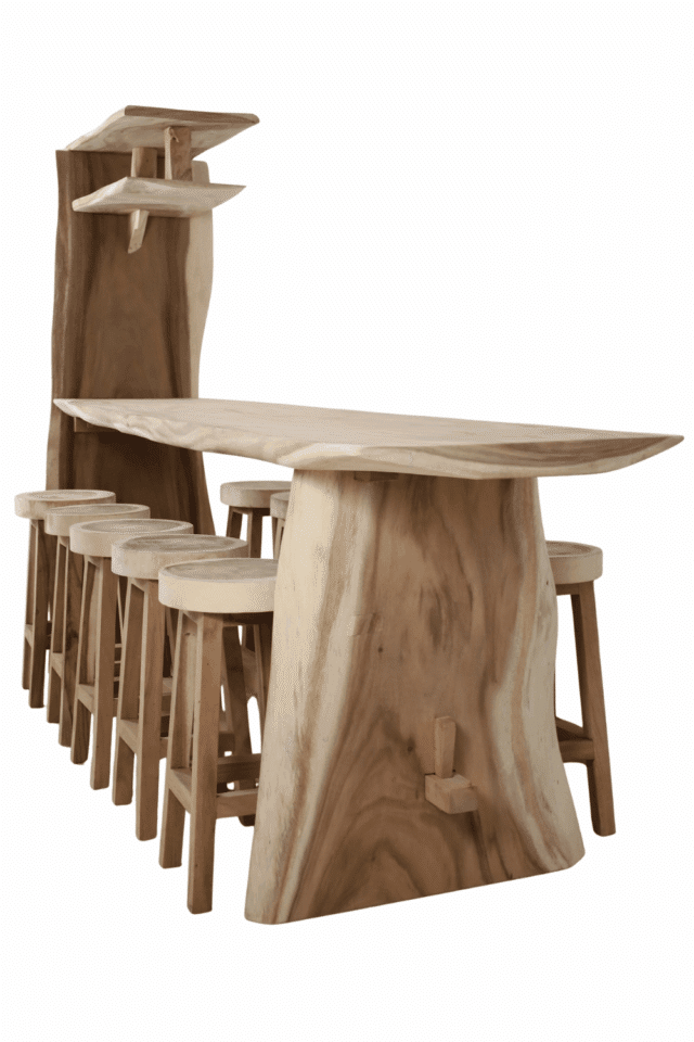 Suar houten bar bartafel voor 10 personen met krukken voor binnen en buiten 300x95x210 cm