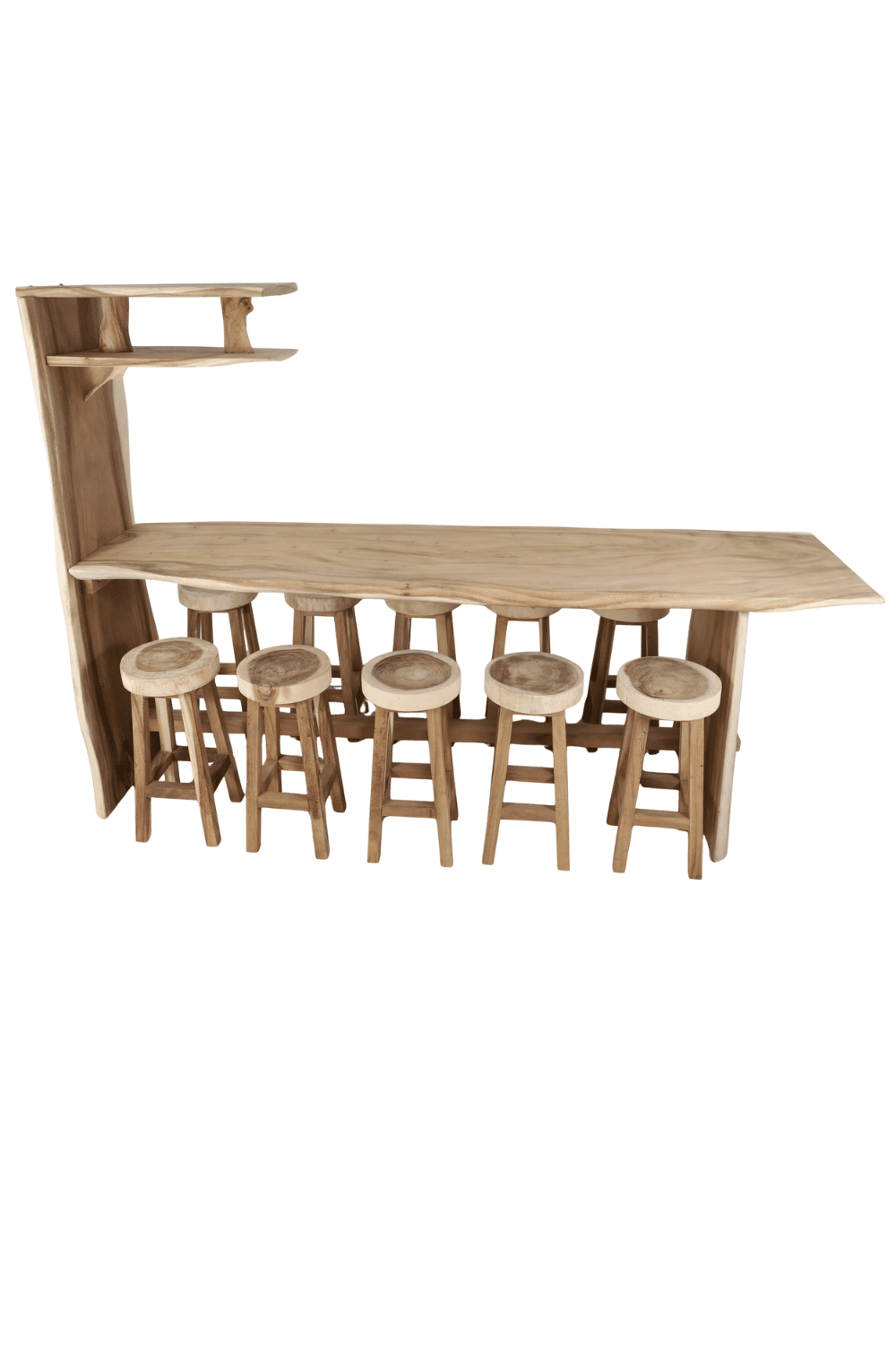 Suar houten bar bartafel voor 10 personen met krukken voor binnen en buiten 300x95x210 cm