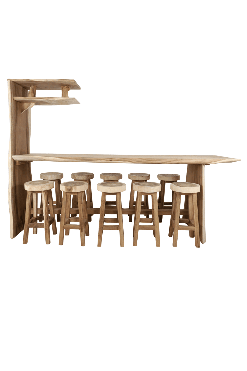 Suar houten bar bartafel voor 10 personen met krukken voor binnen en buiten 300x95x210 cm