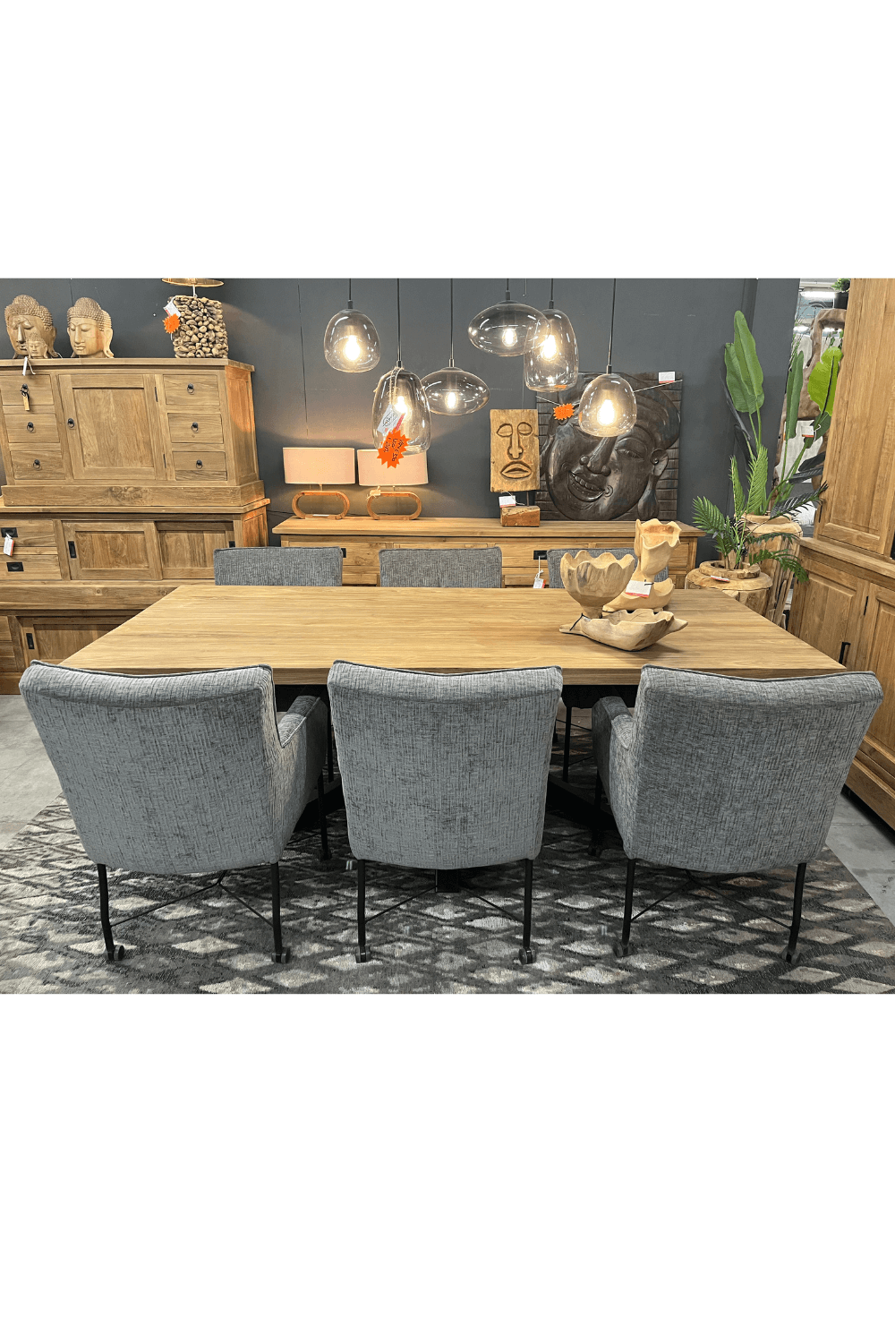 Teak houten tafel 5 cm massief dik met zwart metalen matrix poot 220x100x78 cm
