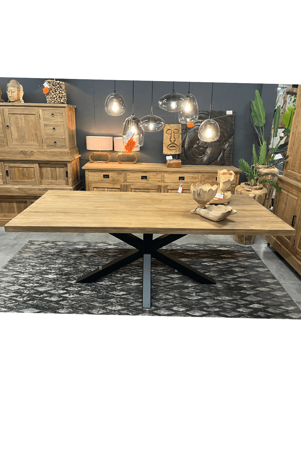 Teak houten tafel 5 cm massief dik met zwart metalen matrix poot 220x100x78 cm
