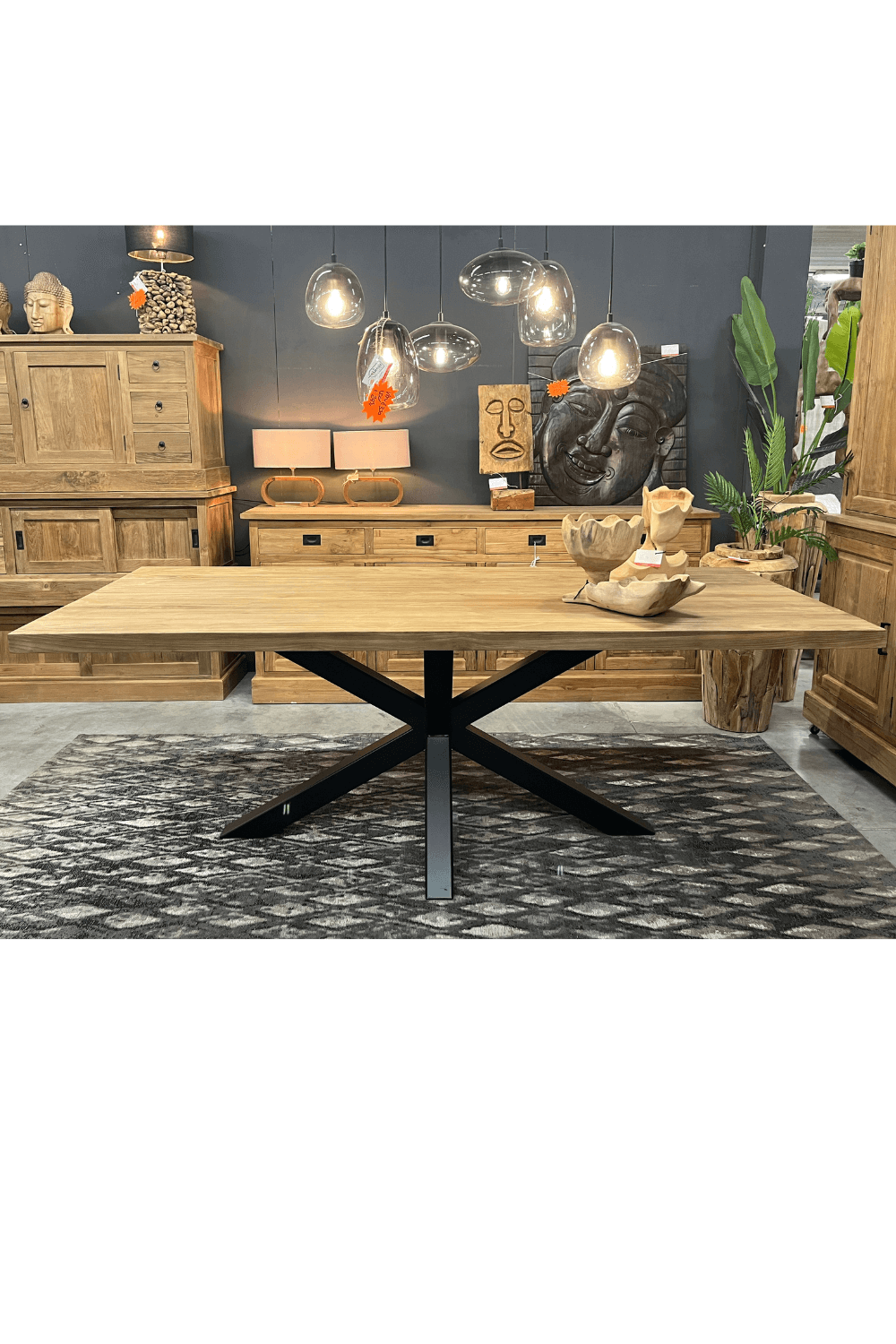 Teak houten tafel 5 cm massief dik met zwart metalen matrix poot 220x100x78 cm
