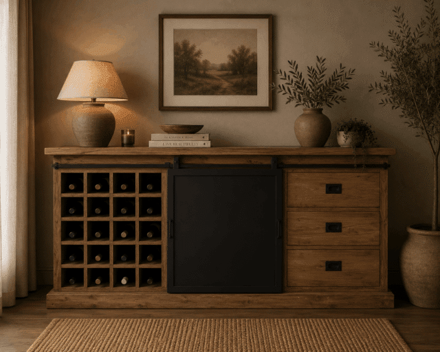 Dressoir-met-metalen-schuifdeur-wijnrek-en-3-lades-160x45x90-cm