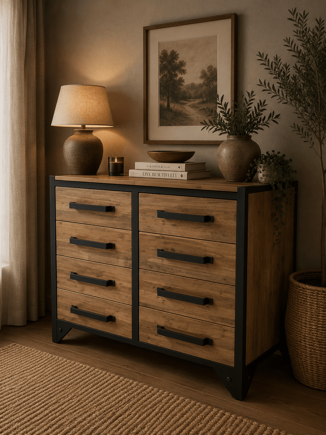 Lijkt 8 lade dressoir teak hout met metalen details