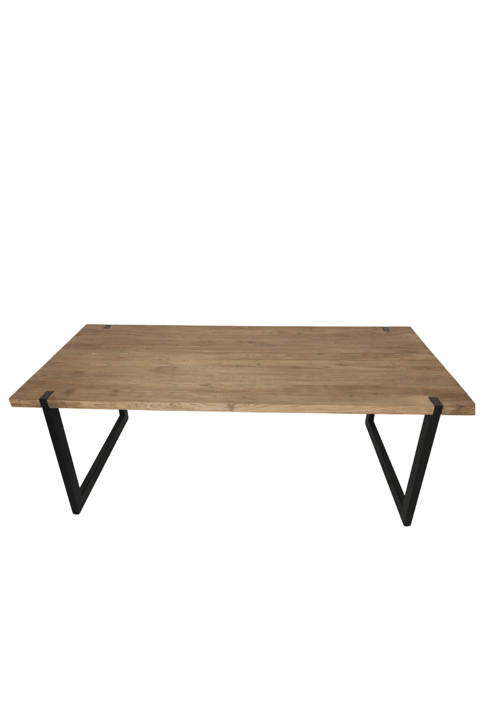Teak houten massieve eettafel met metalen u poten, poten door het blad 220x100x79,5 cm