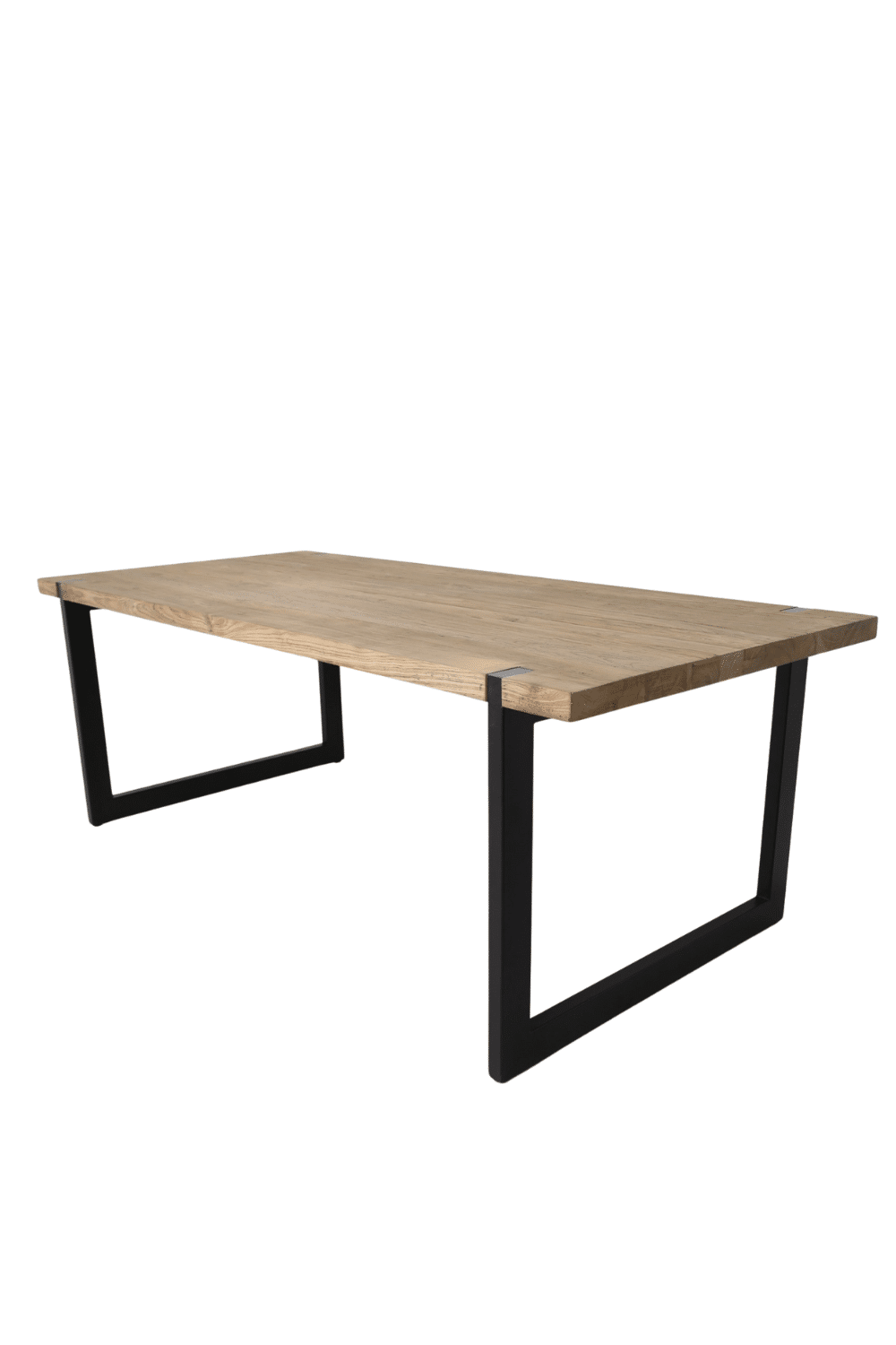 Teak houten massieve eettafel met metalen u poten, poten door het blad 220x100x79,5 cm