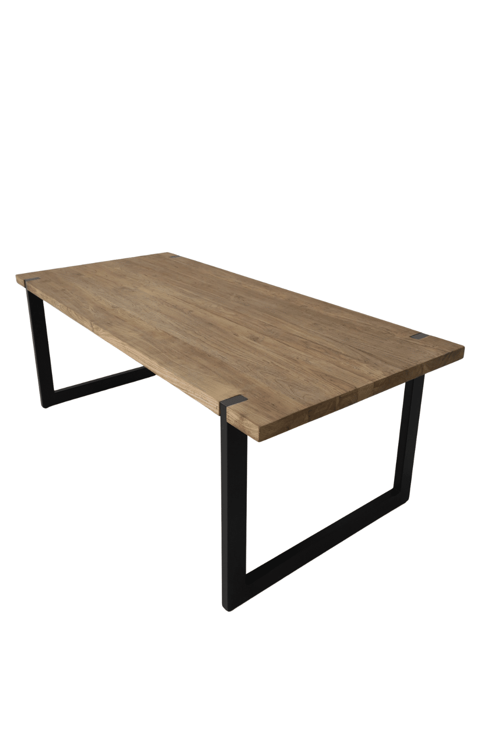 Teak houten massieve eettafel met metalen u poten, poten door het blad 220x100x79,5 cm