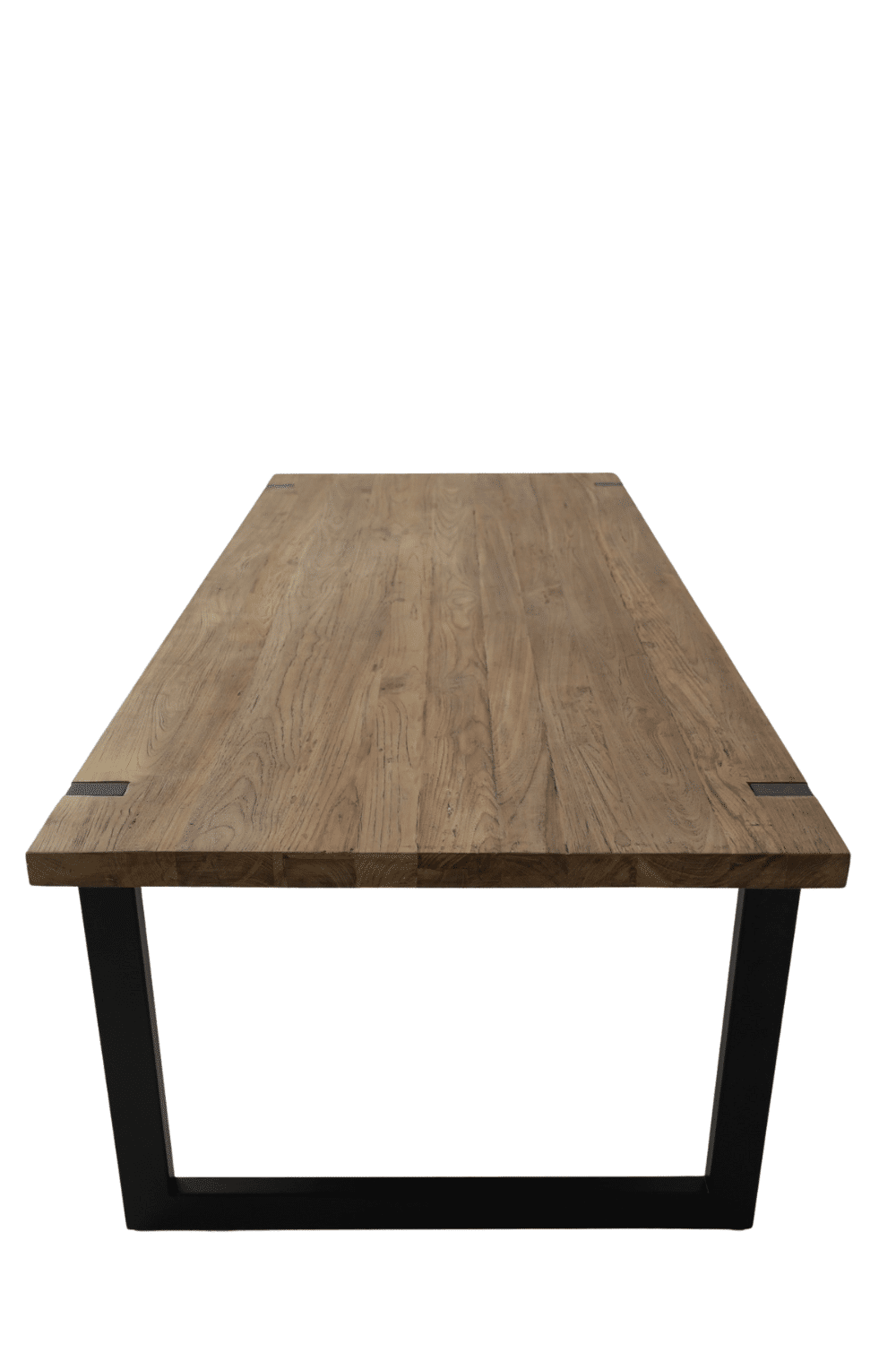 Teak houten massieve eettafel met metalen u poten, poten door het blad 220x100x79,5 cm
