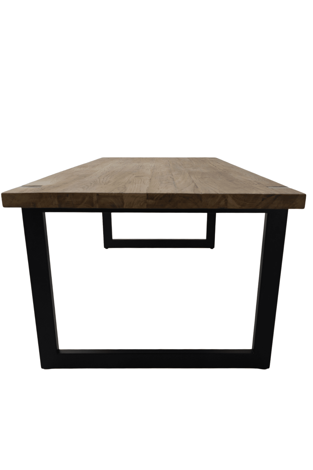 Teak houten massieve eettafel met metalen u poten, poten door het blad 220x100x79,5 cm
