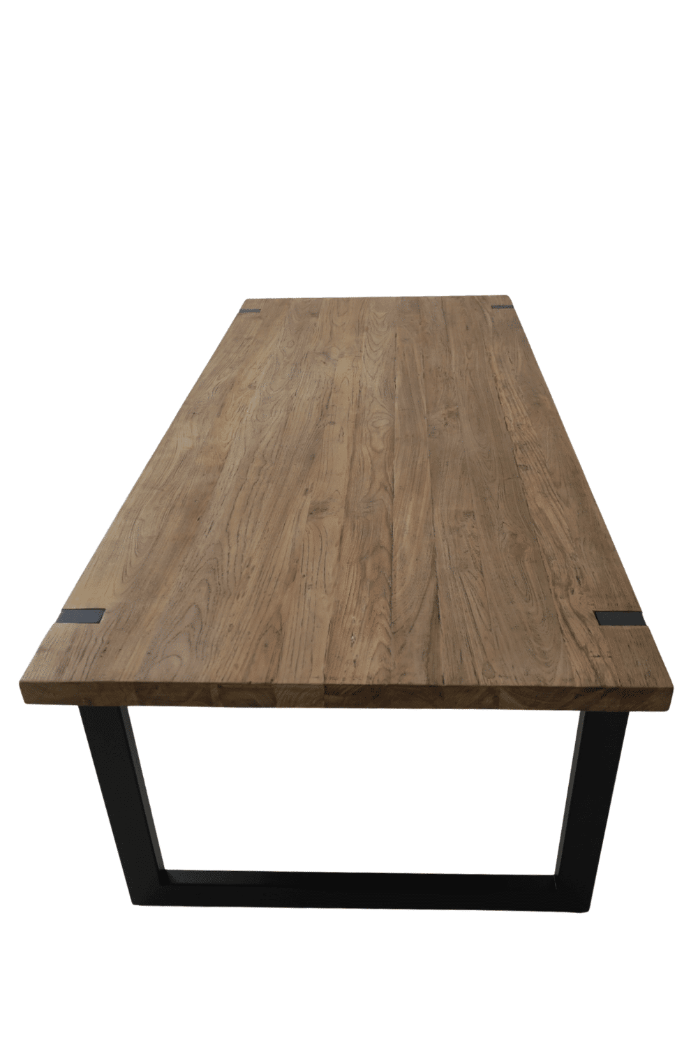 Teak houten massieve eettafel met metalen u poten, poten door het blad 220x100x79,5 cm