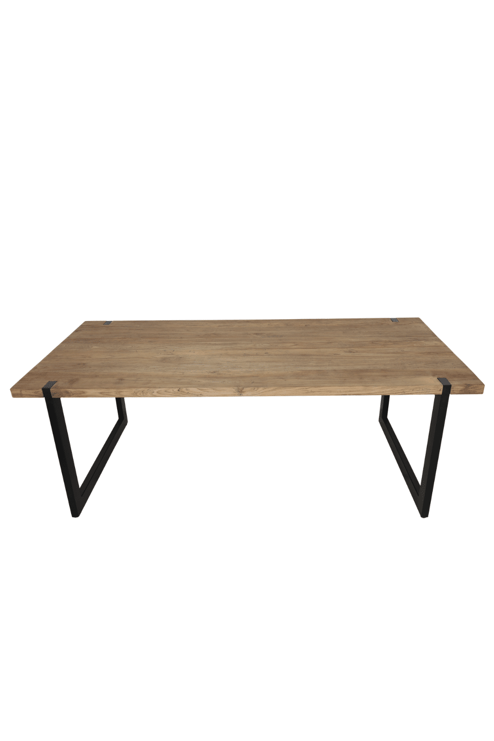 Teak houten massieve eettafel met metalen u poten, poten door het blad 220x100x79,5 cm