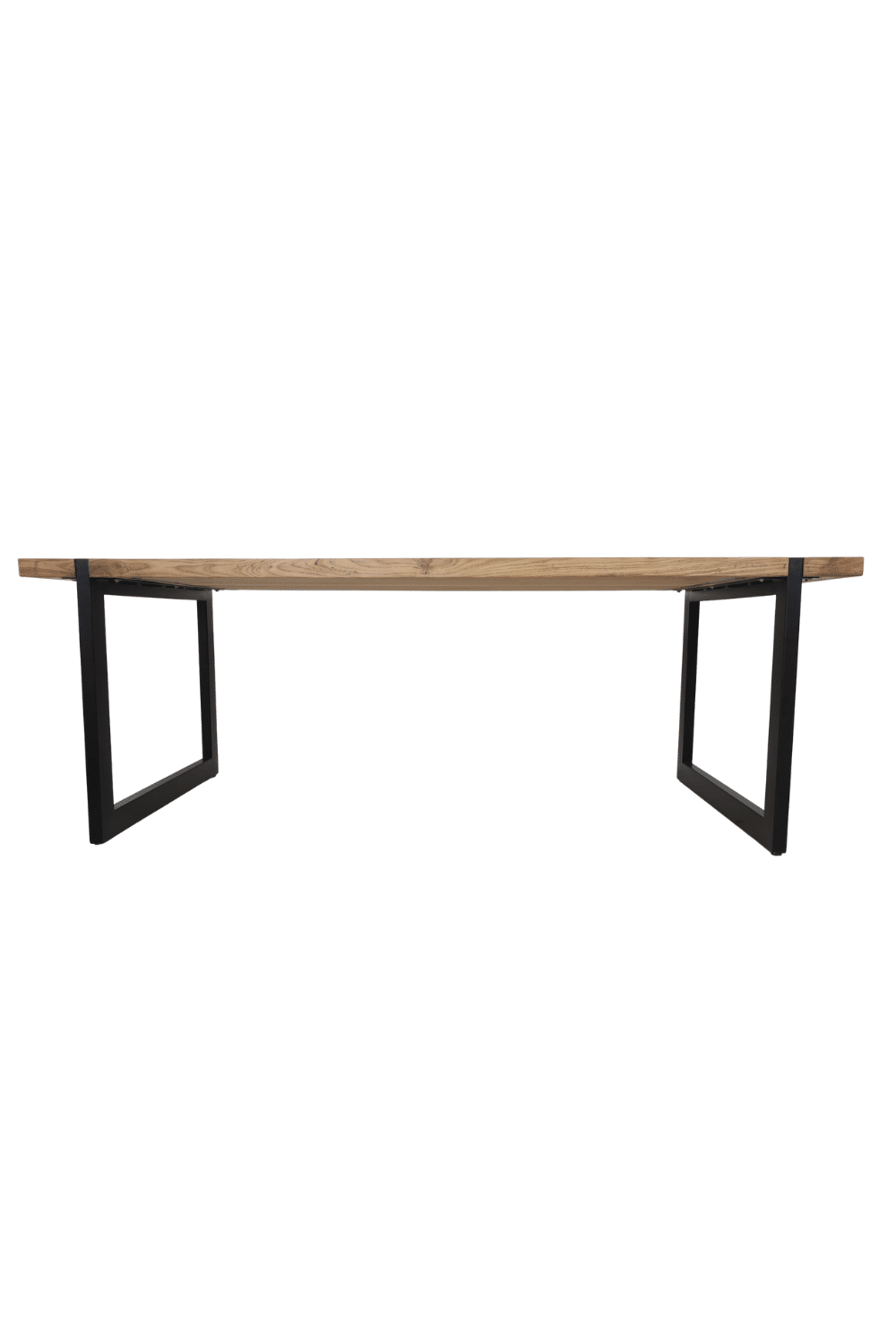 Teak houten massieve eettafel met metalen u poten, poten door het blad 220x100x79,5 cm