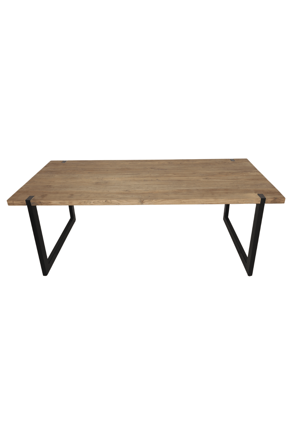 Teak houten massieve eettafel met metalen u poten, poten door het blad 220x100x79,5 cm