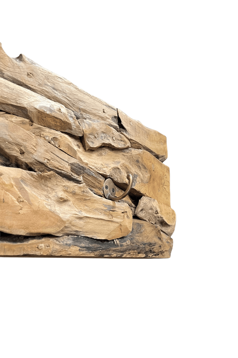 grove stoere hangende kapstok plank met 4 haken Kapstok wortel teak 130x25x5 cm