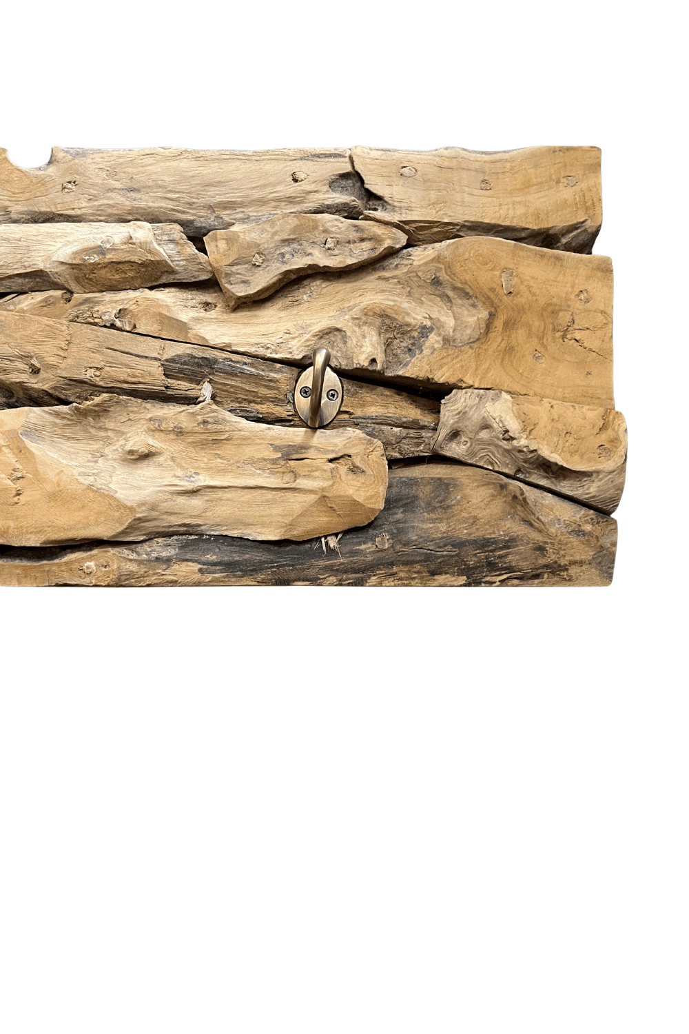 grove stoere hangende kapstok plank met 4 haken Kapstok wortel teak 130x25x5 cm