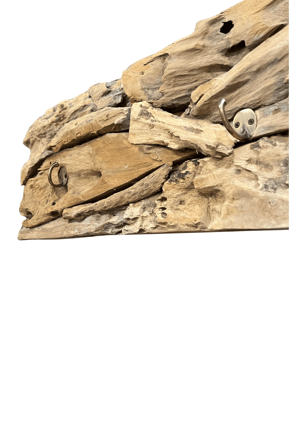 grove stoere hangende kapstok plank met 4 haken Kapstok wortel teak 130x25x5 cm