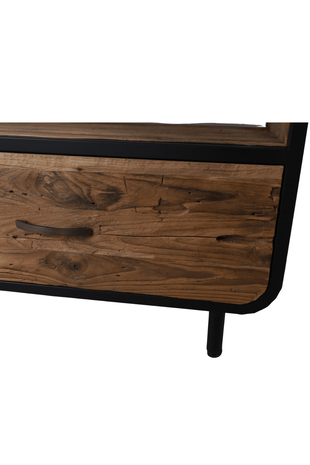 Retro industrieel Tv meubel grof teak hout met zwart metaal en ronde hoeken 200x45x55 cm