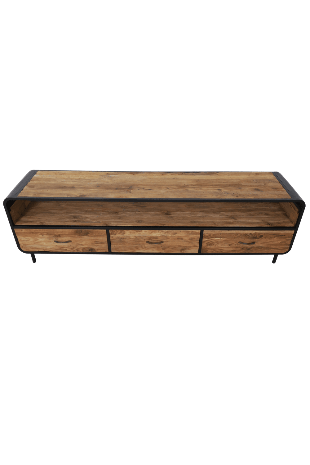 Retro industrieel Tv meubel grof teak hout met zwart metaal en ronde hoeken 200x45x55 cm