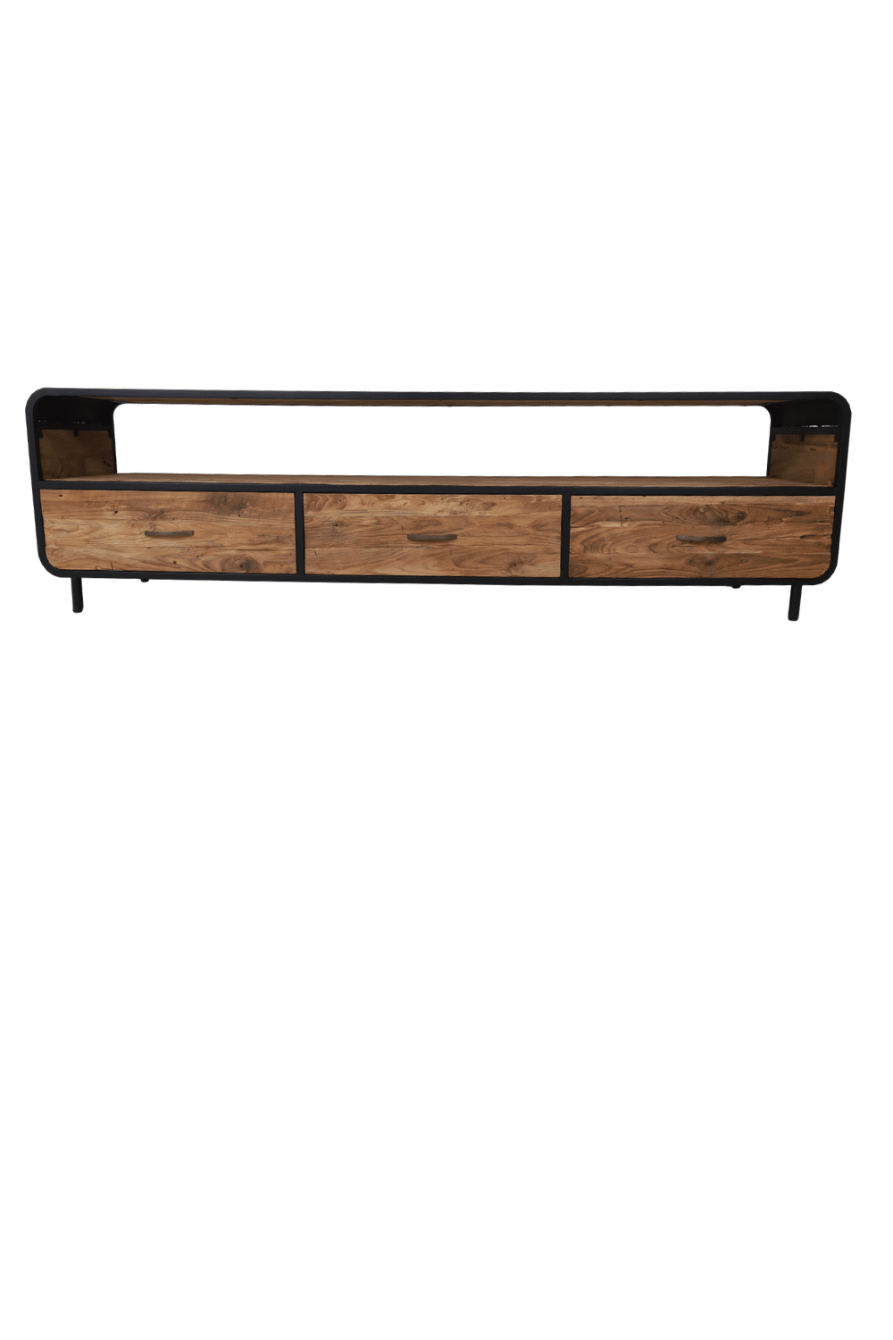 Retro industrieel Tv meubel grof teak hout met zwart metaal en ronde hoeken 200x45x55 cm