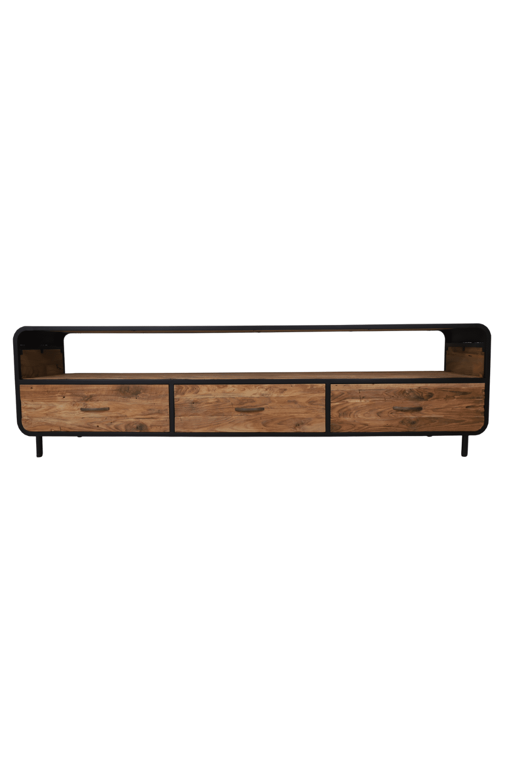 Retro industrieel Tv meubel grof teak hout met zwart metaal en ronde hoeken 200x45x55 cm