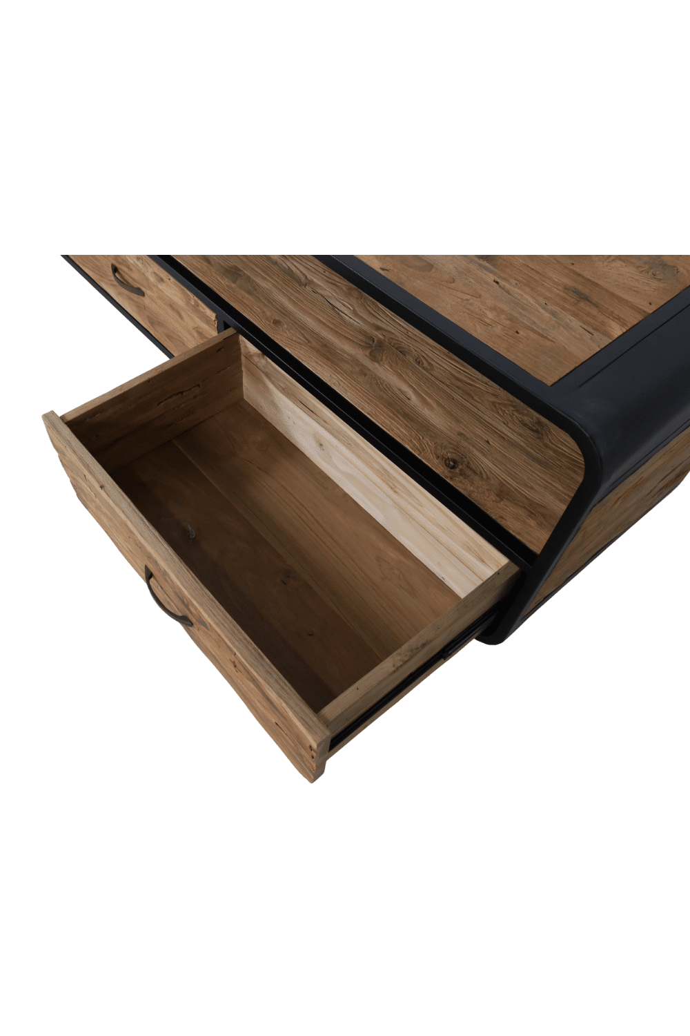 Retro industrieel Tv meubel grof teak hout met zwart metaal en ronde hoeken 200x45x55 cm