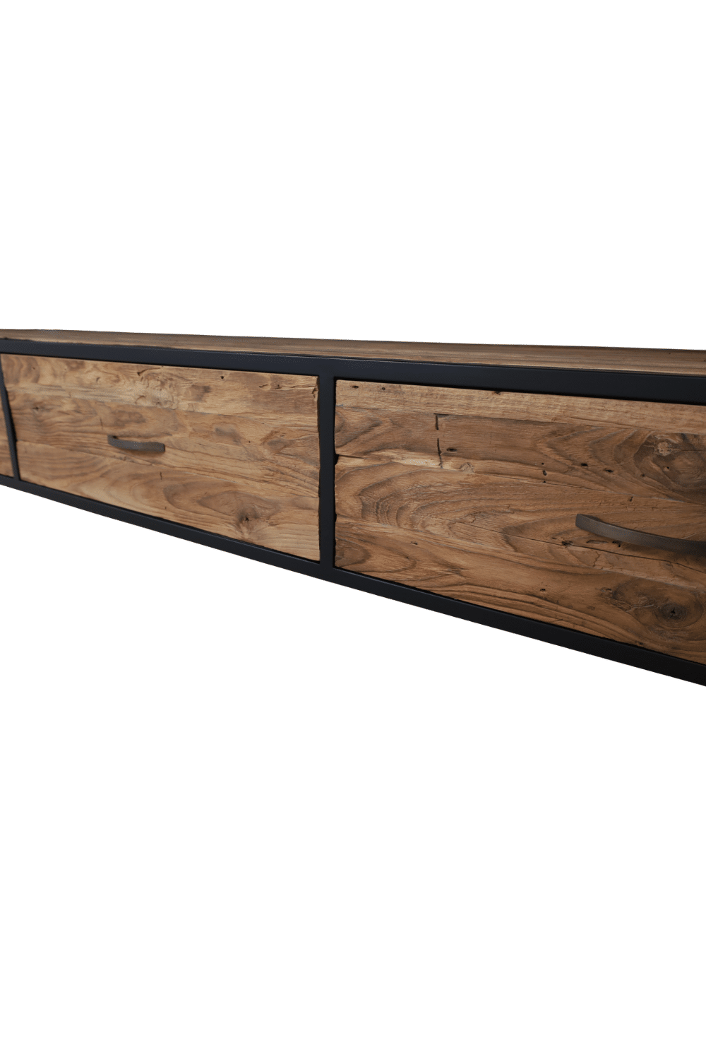 Retro industrieel Tv meubel grof teak hout met zwart metaal en ronde hoeken 200x45x55 cm