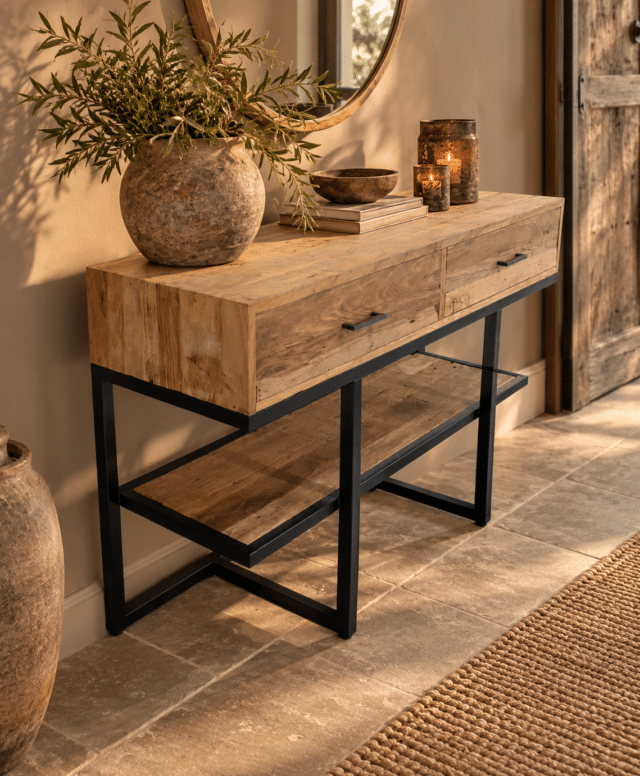 Rustieke haltafel met warme decoratie