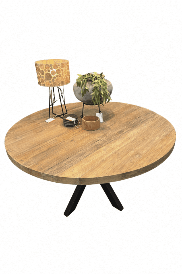 Ronde teak houten eettafel 140 cm met metalen matrix poot