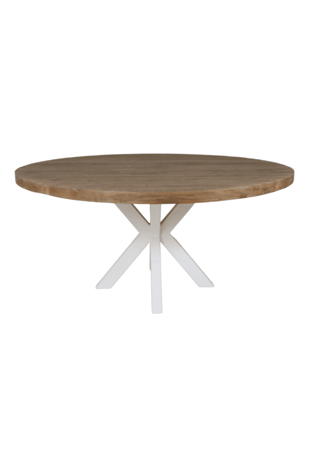 Ronde teak houten eettafel massief 160 cm met witte kruispoot