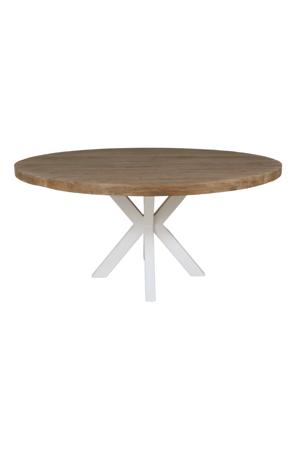 Ronde teak houten eettafel massief 160 cm met witte kruispoot