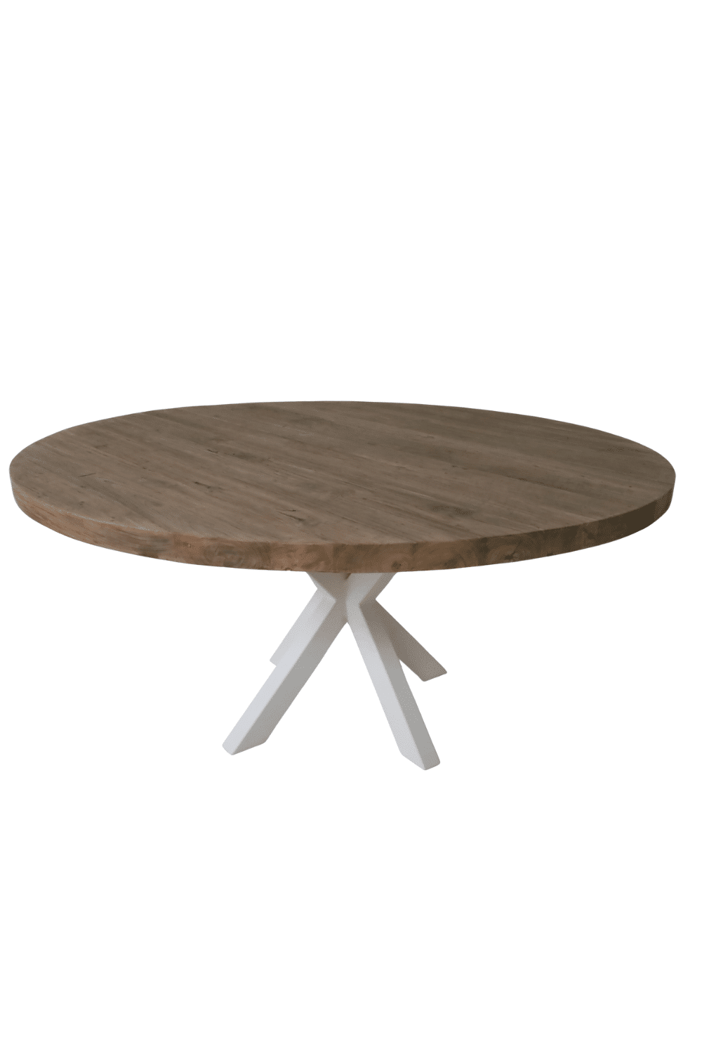 Ronde teak houten eettafel massief 160 cm met witte kruispoot