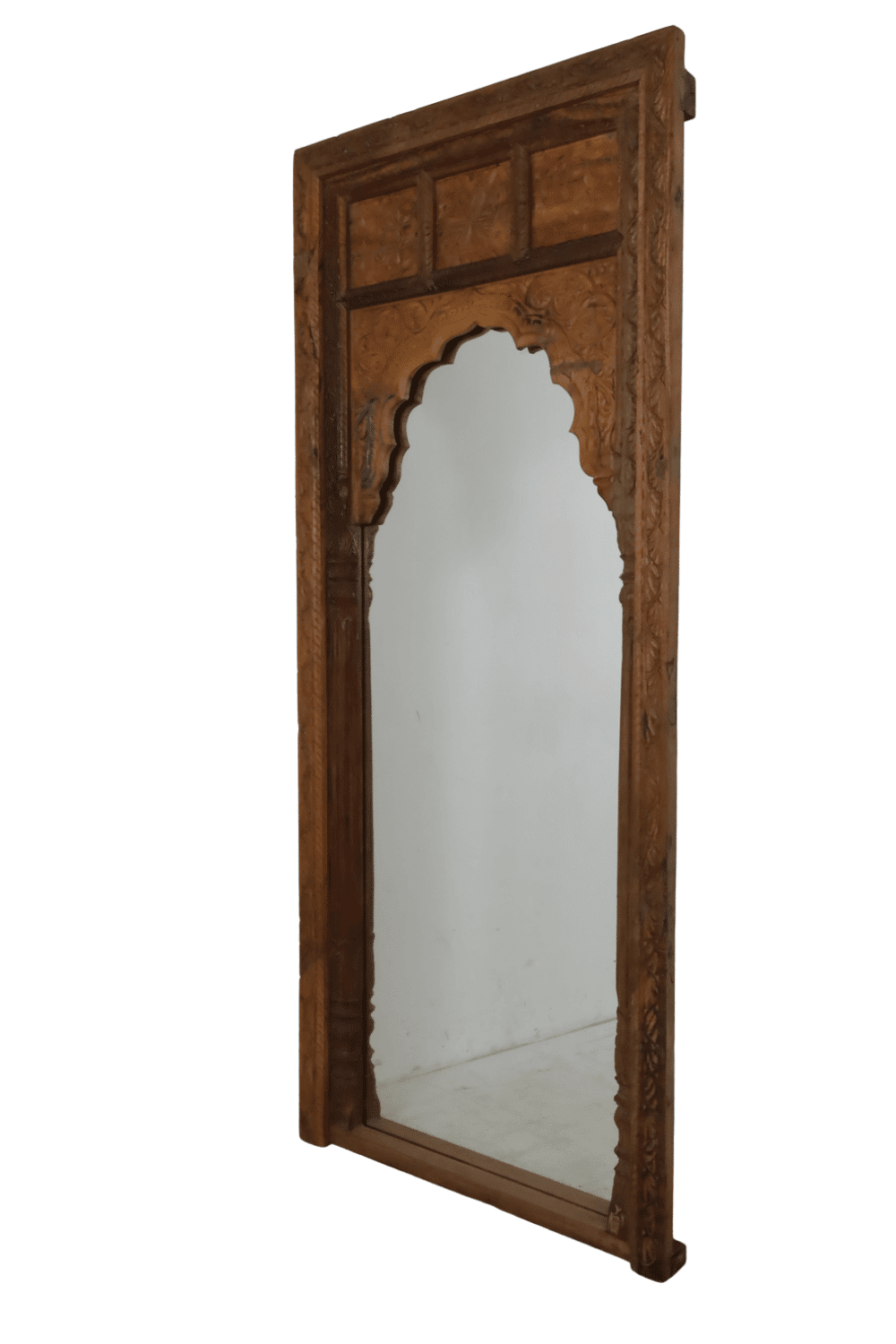 Teak houten spiegel Marrokaans, indiaans met boog en houtsnijwerk 90x8x210 cm