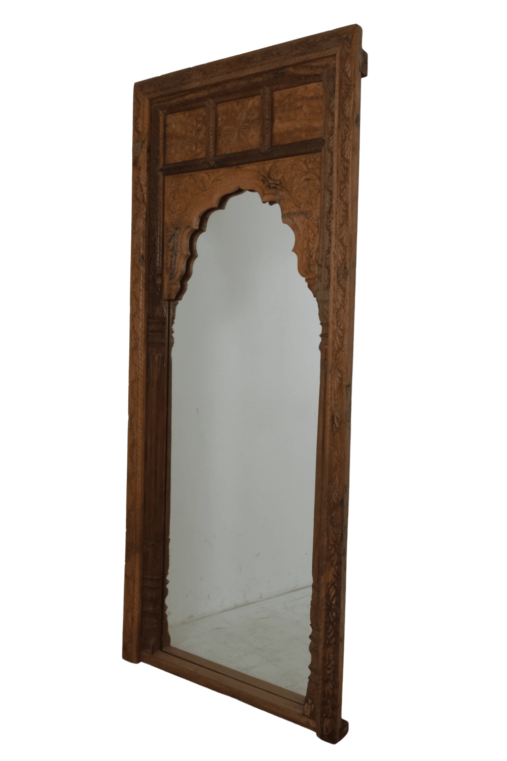 Teak houten spiegel Marrokaans, indiaans met boog en houtsnijwerk 90x8x210 cm