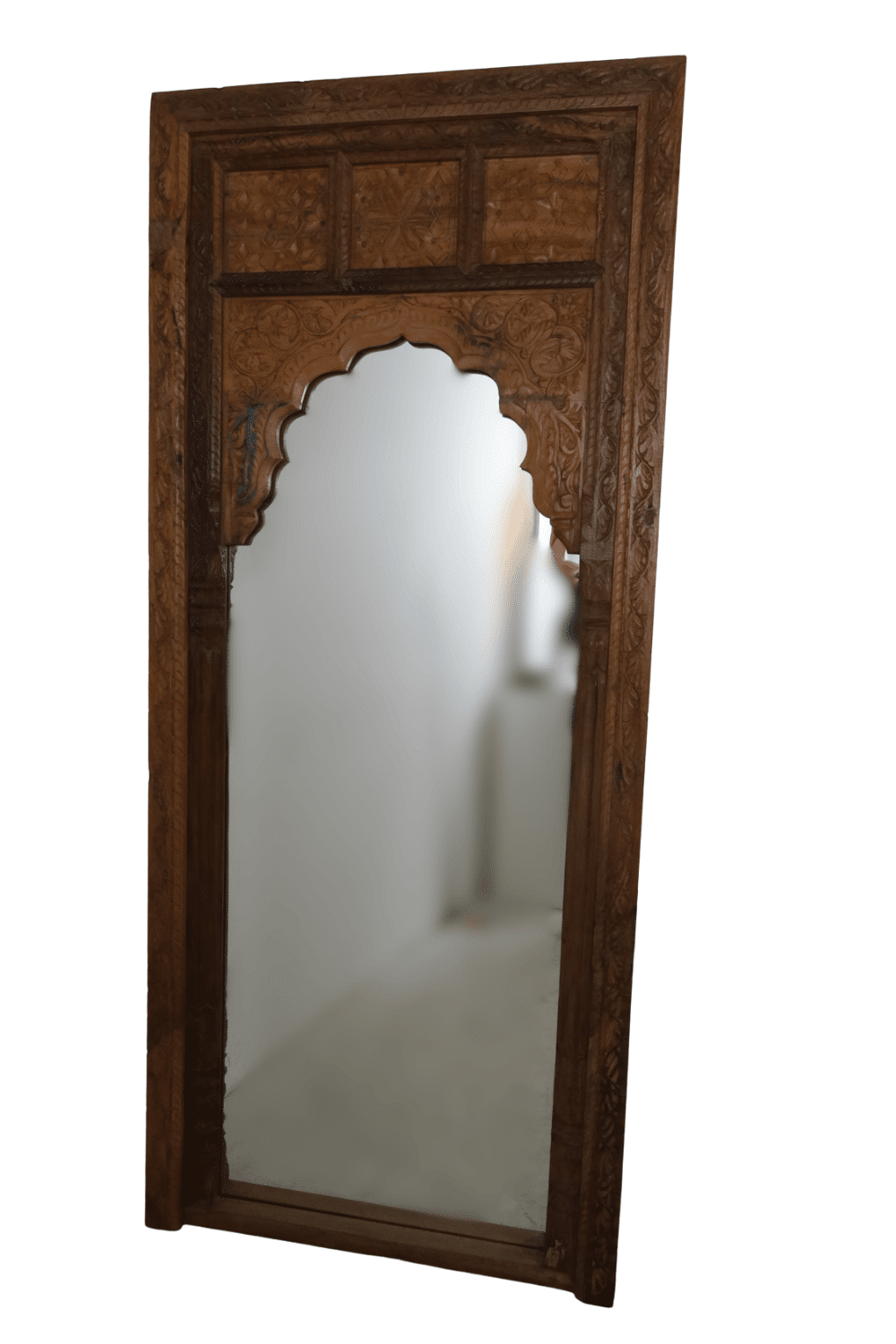 Teak houten spiegel Marrokaans, indiaans met boog en houtsnijwerk 90x8x210 cm