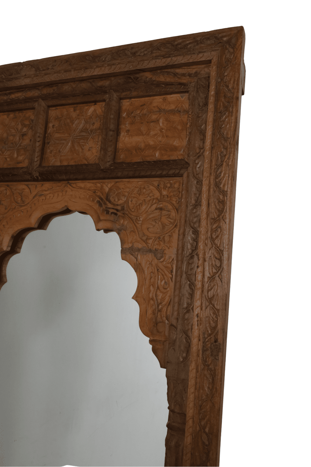 Teak houten spiegel Marrokaans, indiaans met boog en houtsnijwerk 90x8x210 cm