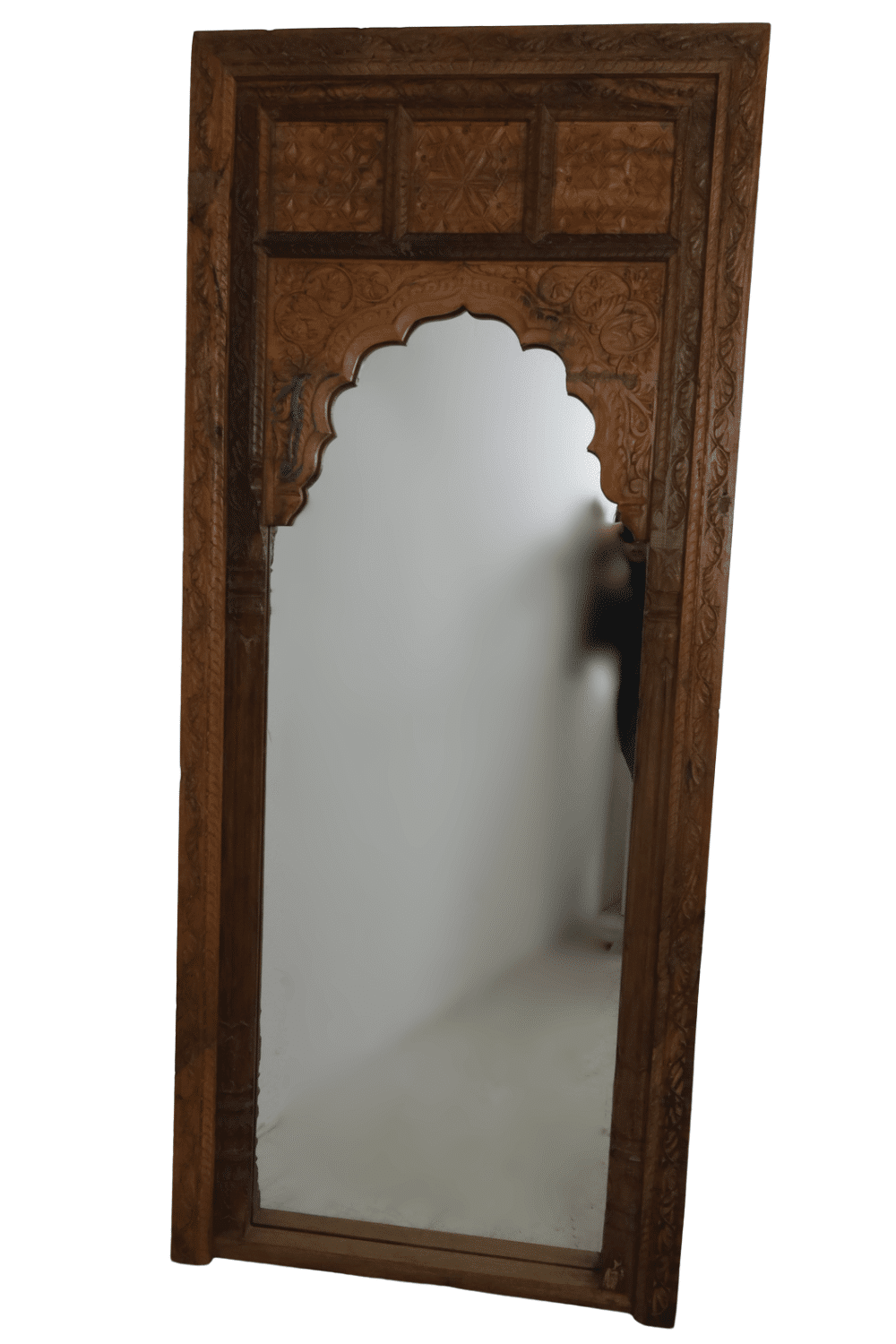 Teak houten spiegel Marrokaans, indiaans met boog en houtsnijwerk 90x8x210 cm