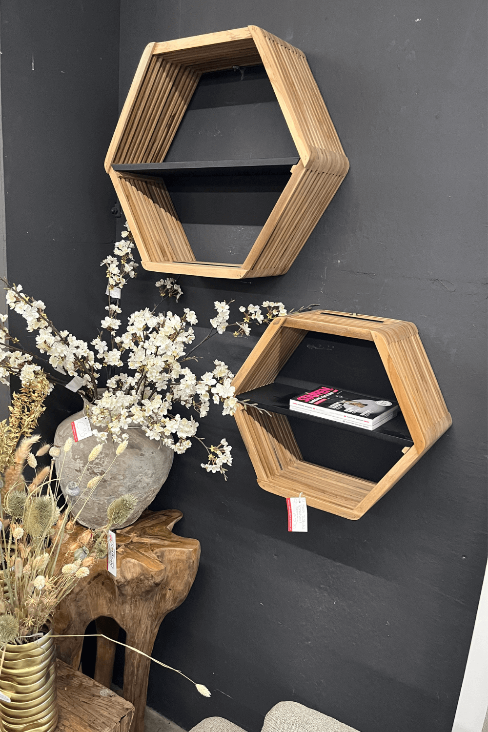 Teak houten wandrek set van 2, 6 hoek