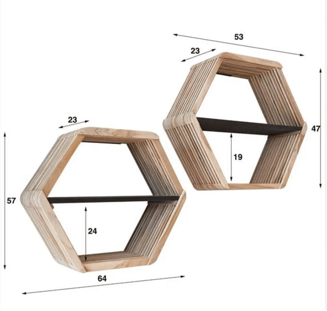 Teak houten wandrek set van 2, 6 hoek