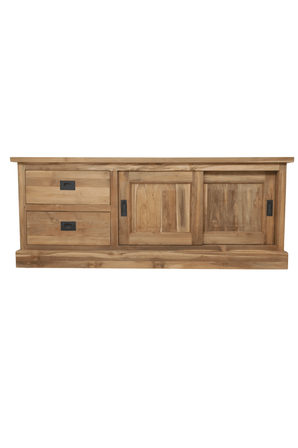 Teak houten tv meubel 150x45x60 cm met 2 lades en schuifdeuren